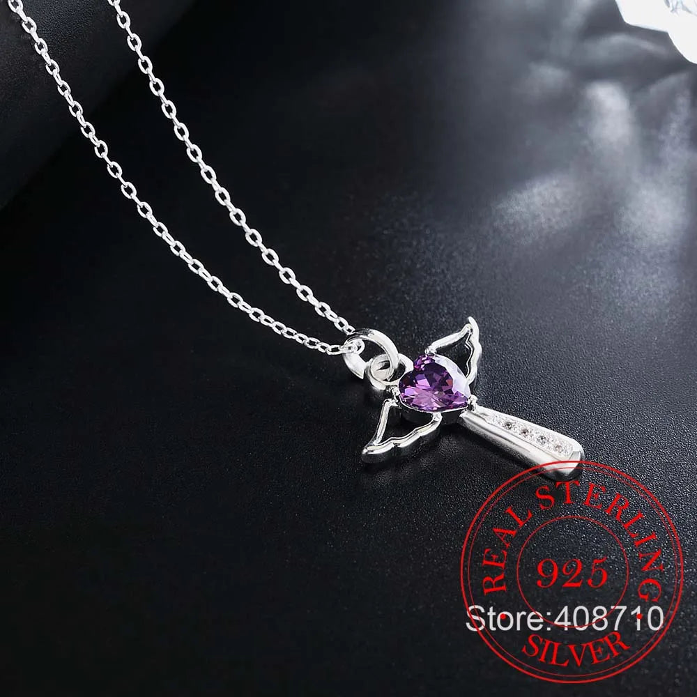 Genuine 925 Sterling Silver Jesus Cross Necklace Fine Jewelry Double Angel Wings Heart Zirconia Pendant Necklace Holiday Sale