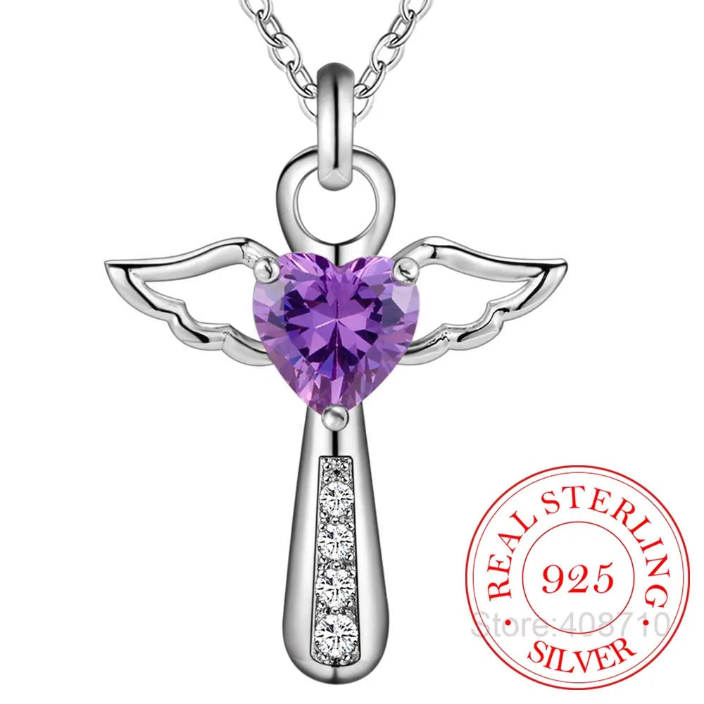 Genuine 925 Sterling Silver Jesus Cross Necklace Fine Jewelry Double Angel Wings Heart Zirconia Pendant Necklace Holiday Sale