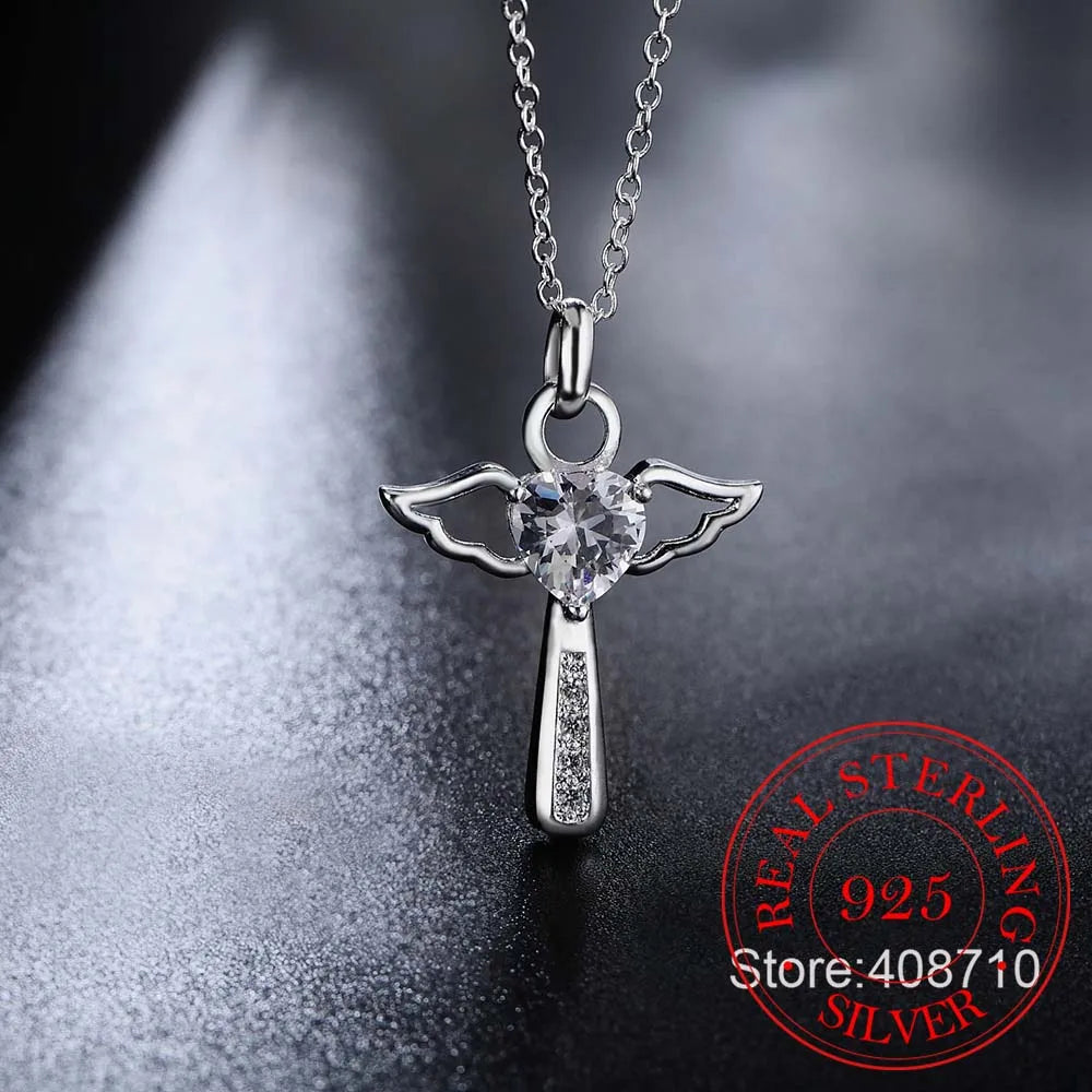 Genuine 925 Sterling Silver Jesus Cross Necklace Fine Jewelry Double Angel Wings Heart Zirconia Pendant Necklace Holiday Sale