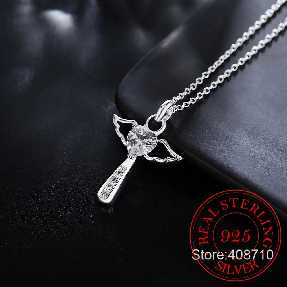Genuine 925 Sterling Silver Jesus Cross Necklace Fine Jewelry Double Angel Wings Heart Zirconia Pendant Necklace Holiday Sale