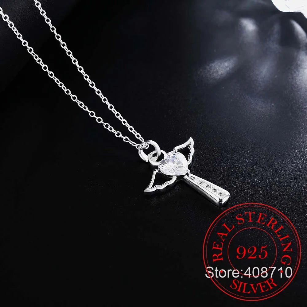 Genuine 925 Sterling Silver Jesus Cross Necklace Fine Jewelry Double Angel Wings Heart Zirconia Pendant Necklace Holiday Sale
