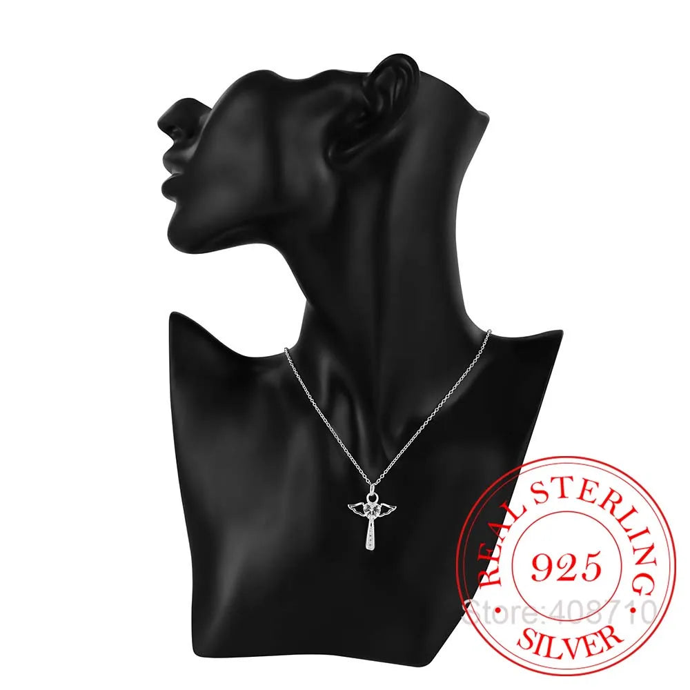 Genuine 925 Sterling Silver Jesus Cross Necklace Fine Jewelry Double Angel Wings Heart Zirconia Pendant Necklace Holiday Sale