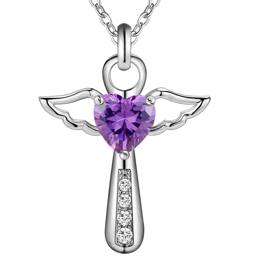 Genuine 925 Sterling Silver Jesus Cross Necklace Fine Jewelry Double Angel Wings Heart Zirconia Pendant Necklace Holiday Sale