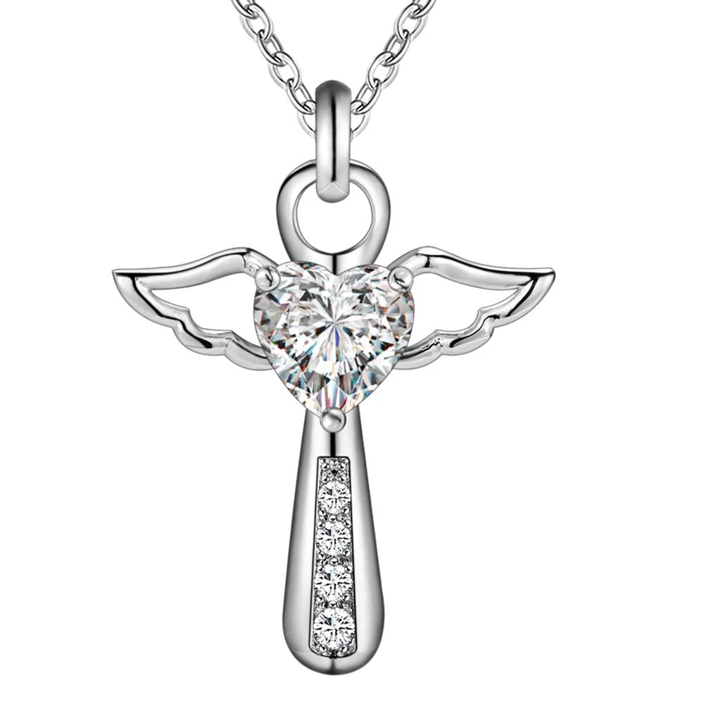Genuine 925 Sterling Silver Jesus Cross Necklace Fine Jewelry Double Angel Wings Heart Zirconia Pendant Necklace Holiday Sale