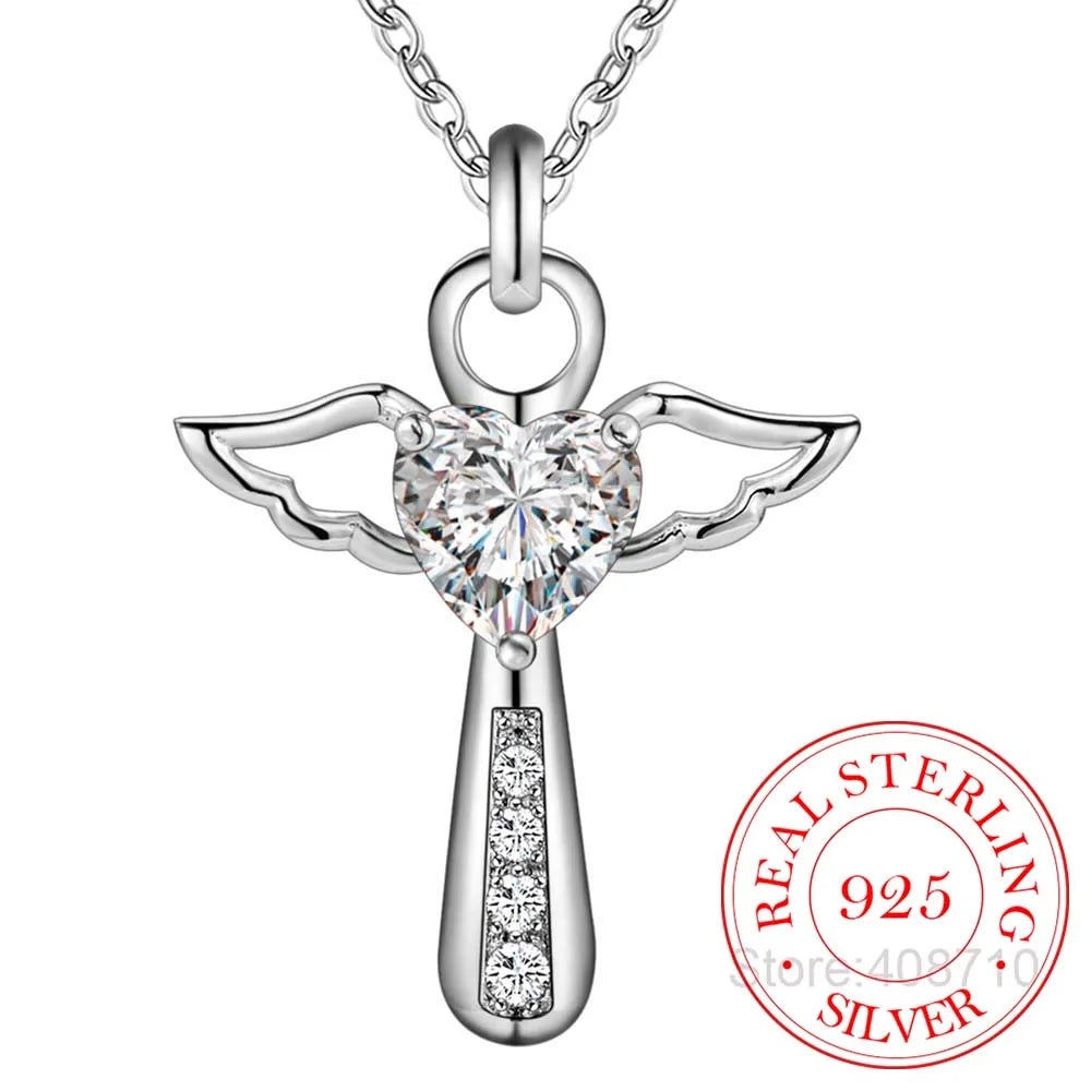 Genuine 925 Sterling Silver Jesus Cross Necklace Fine Jewelry Double Angel Wings Heart Zirconia Pendant Necklace Holiday Sale