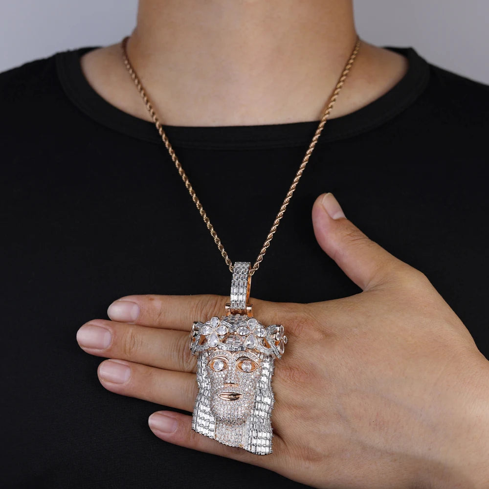 Iced Out Religious Jesus Head Pendant Necklaces Rose Gold Color CZ Stone Paved Bling Big Charm for Men Rapper Hip Hop Jewelry