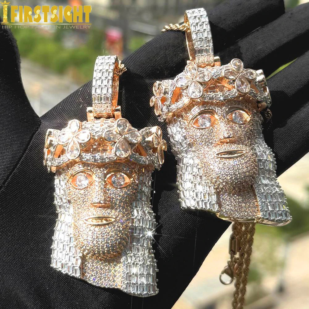 Iced Out Religious Jesus Head Pendant Necklaces Rose Gold Color CZ Stone Paved Bling Big Charm for Men Rapper Hip Hop Jewelry