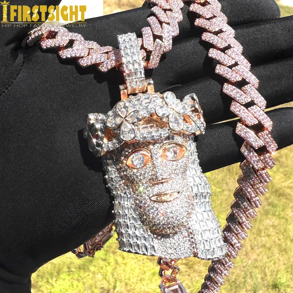 Iced Out Religious Jesus Head Pendant Necklaces Rose Gold Color CZ Stone Paved Bling Big Charm for Men Rapper Hip Hop Jewelry