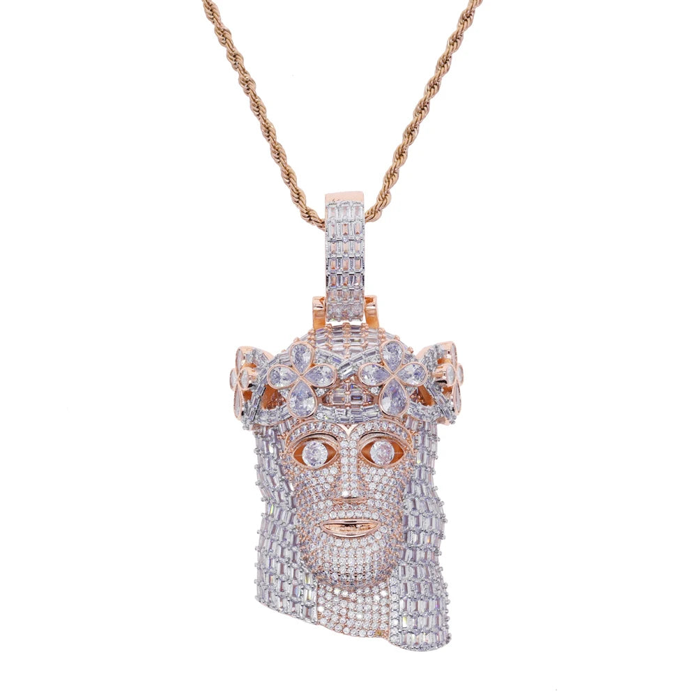 Iced Out Religious Jesus Head Pendant Necklaces Rose Gold Color CZ Stone Paved Bling Big Charm for Men Rapper Hip Hop Jewelry