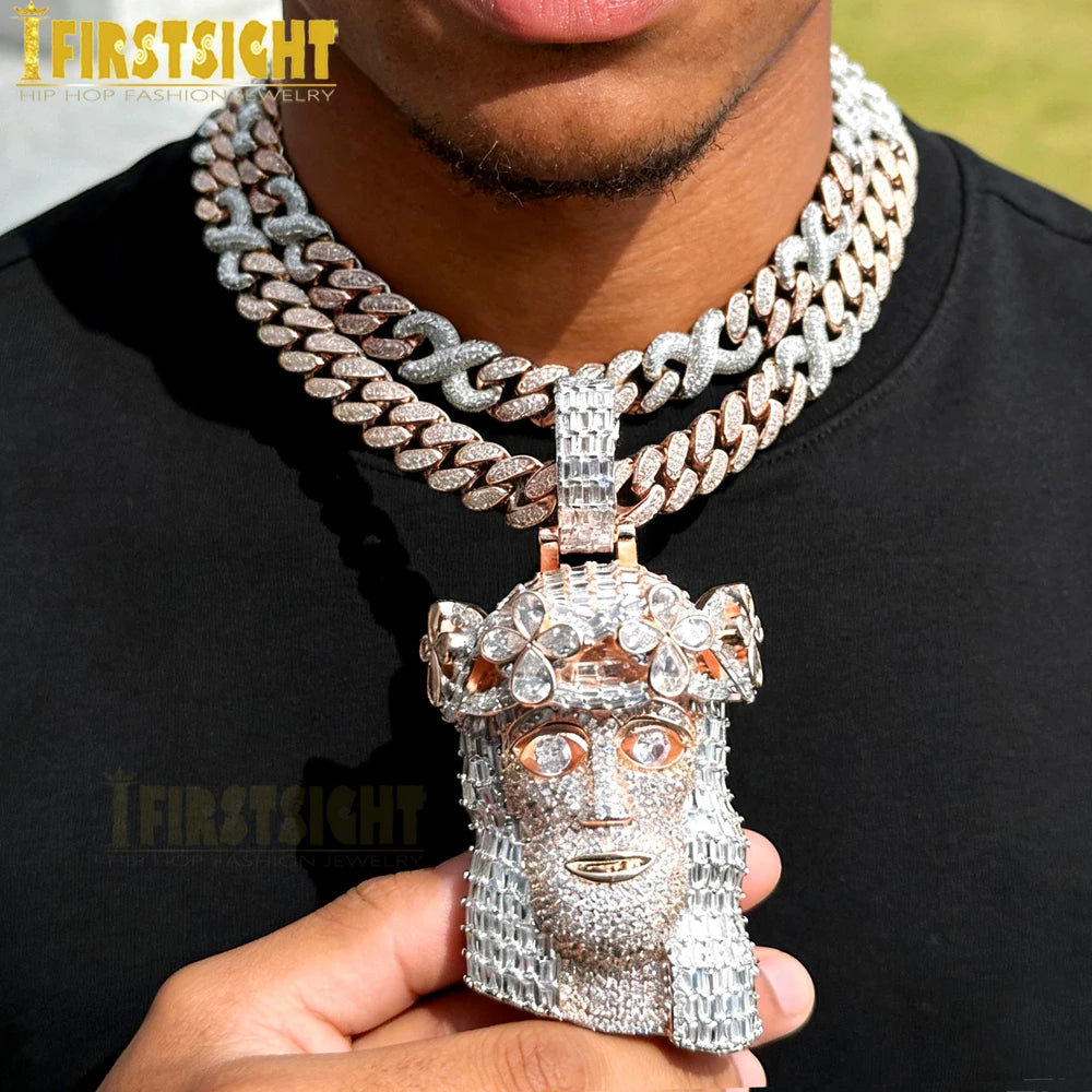 Iced Out Religious Jesus Head Pendant Necklaces Rose Gold Color CZ Stone Paved Bling Big Charm for Men Rapper Hip Hop Jewelry
