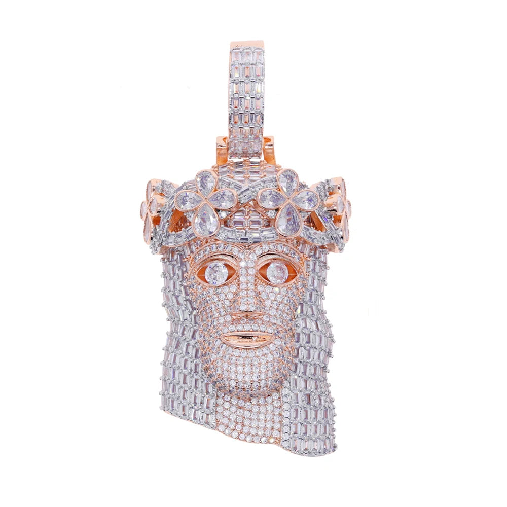 Iced Out Religious Jesus Head Pendant Necklaces Rose Gold Color CZ Stone Paved Bling Big Charm for Men Rapper Hip Hop Jewelry