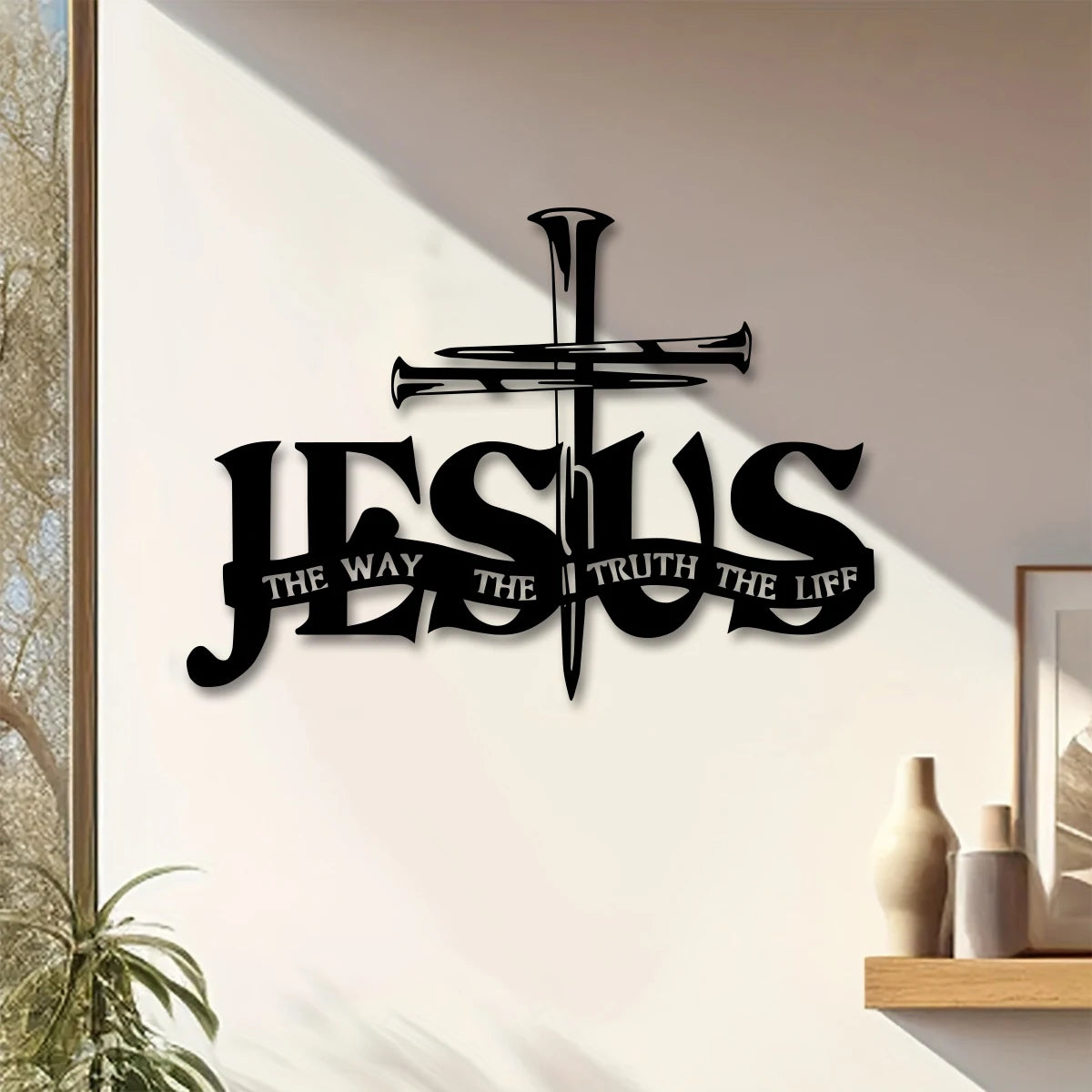 Jesus Metal Wall Decor - Elegant Black Cross with Praying Hands & JESUS Lettering -  Christian Church, Home, Office Decoration