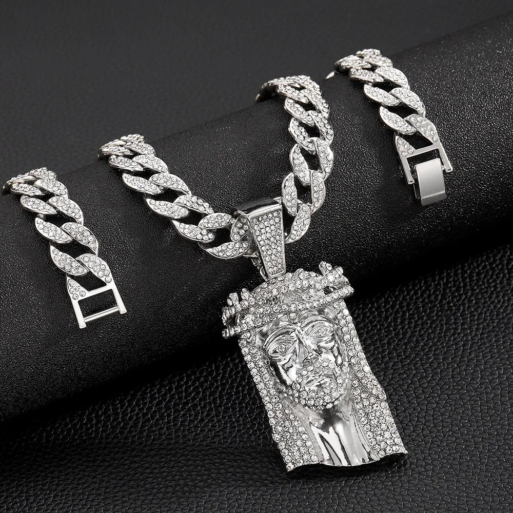 Jesus Christ Head Pendant Men's Ice Crystal Shining Rhinestone Pendant Top Chain with Chain Hip Hop Jewelry