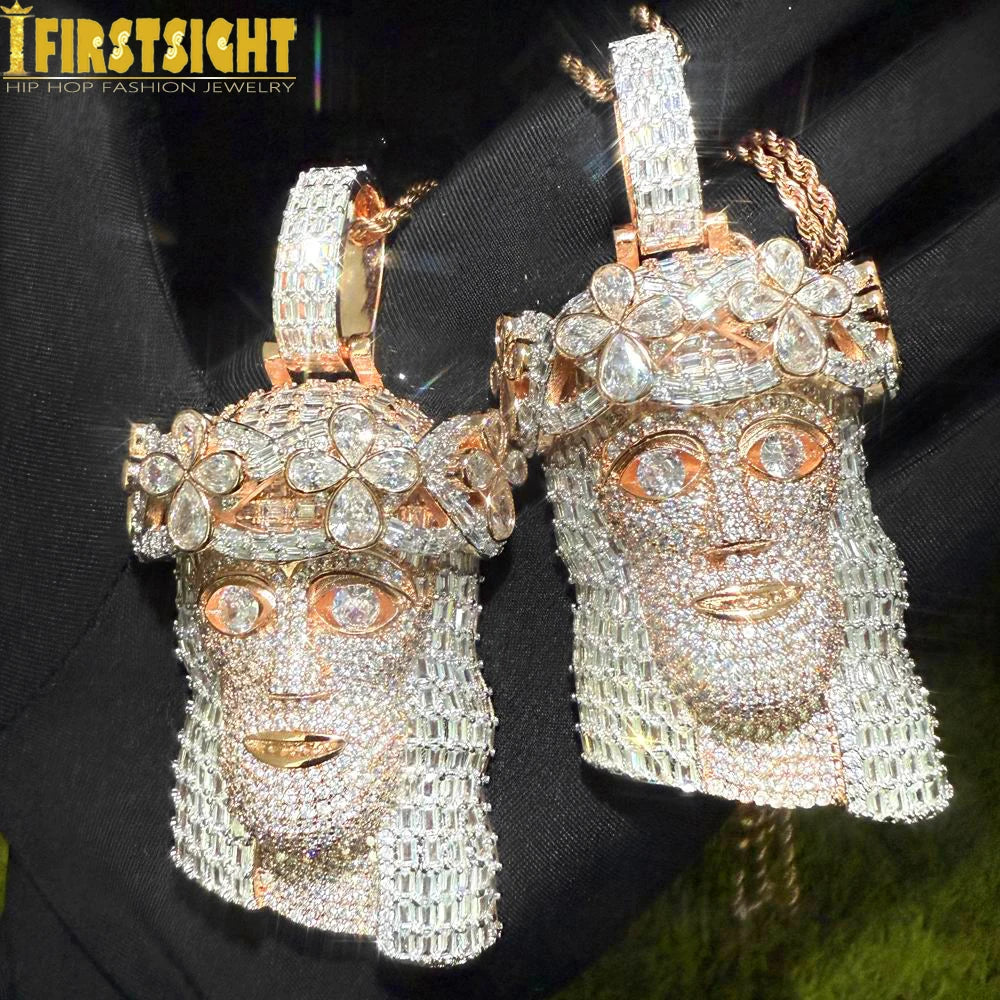 Iced Out Religious Jesus Head Pendant Necklaces Rose Gold Color CZ Stone Paved Bling Big Charm for Men Rapper Hip Hop Jewelry