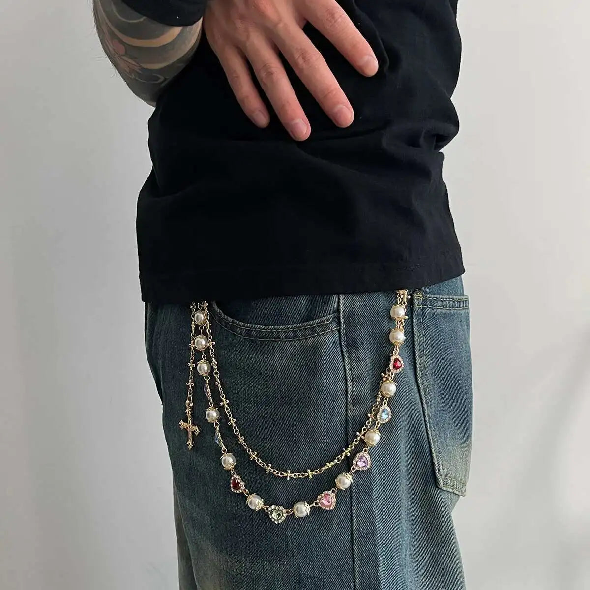 PuRui Double Layer Jesus Cross Pendant Jeans Pant Alloy Chain Men Fashion Love Heart Colorful Rhinestone Belt Chain Y2K Jewelry