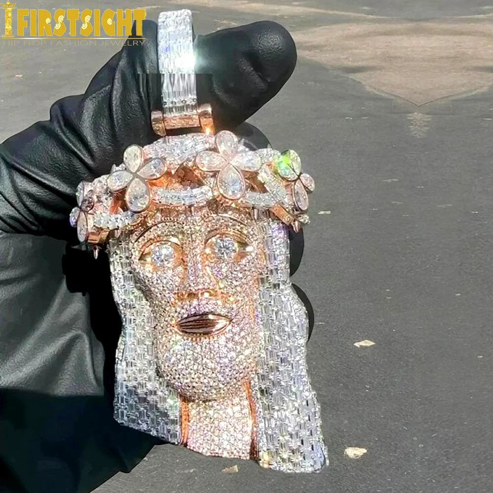 Iced Out Religious Jesus Head Pendant Necklaces Rose Gold Color CZ Stone Paved Bling Big Charm for Men Rapper Hip Hop Jewelry