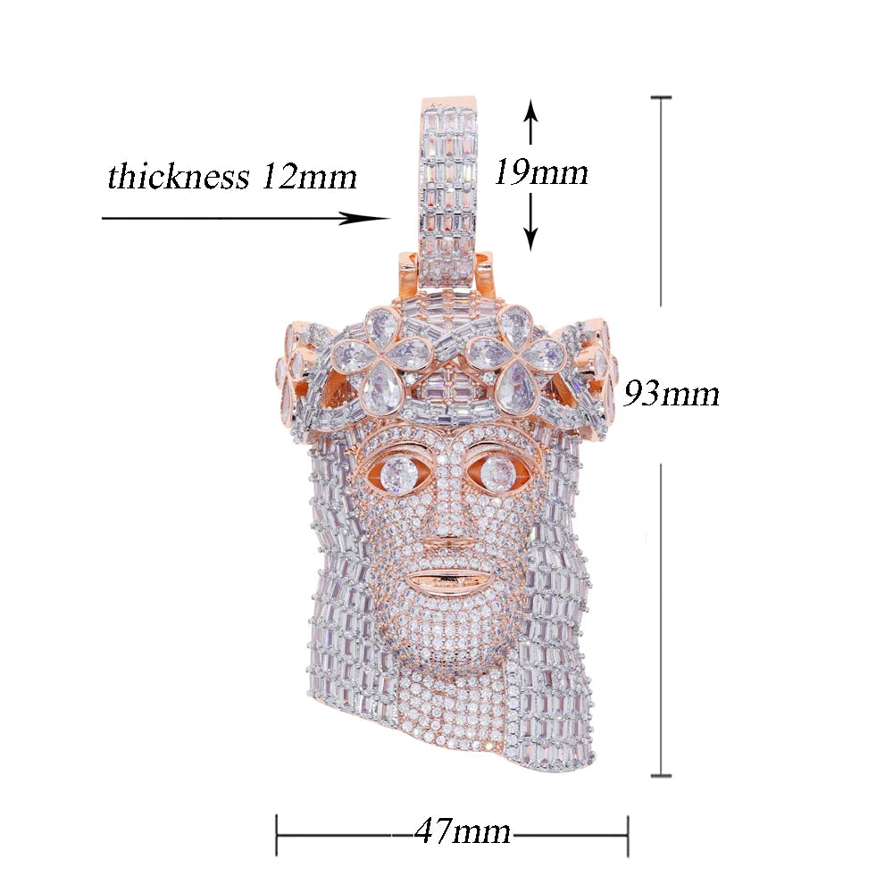 Iced Out Religious Jesus Head Pendant Necklaces Rose Gold Color CZ Stone Paved Bling Big Charm for Men Rapper Hip Hop Jewelry