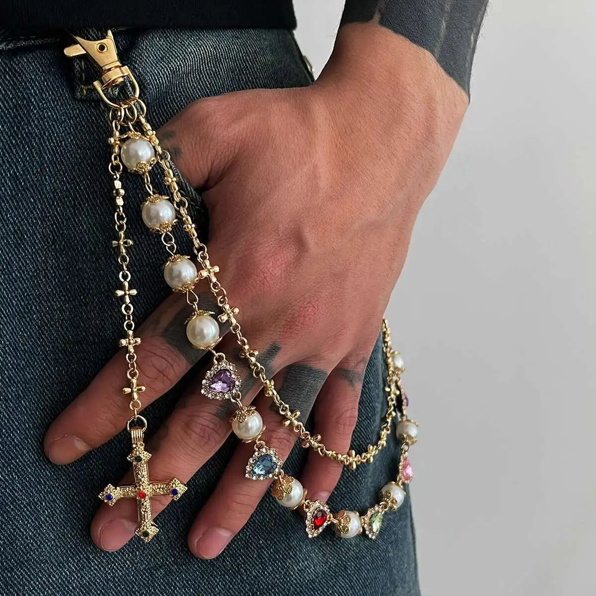 PuRui Double Layer Jesus Cross Pendant Jeans Pant Alloy Chain Men Fashion Love Heart Colorful Rhinestone Belt Chain Y2K Jewelry