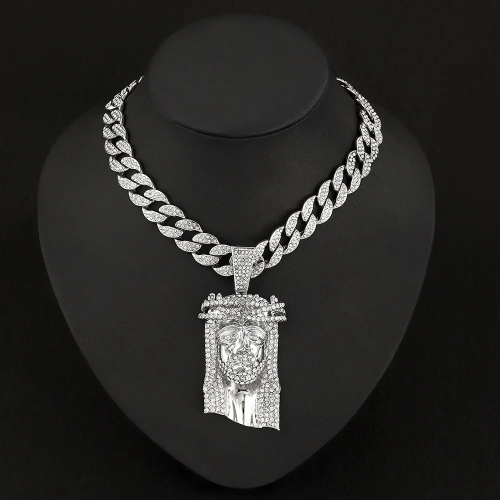 Jesus Christ Head Pendant Men's Ice Crystal Shining Rhinestone Pendant Top Chain with Chain Hip Hop Jewelry