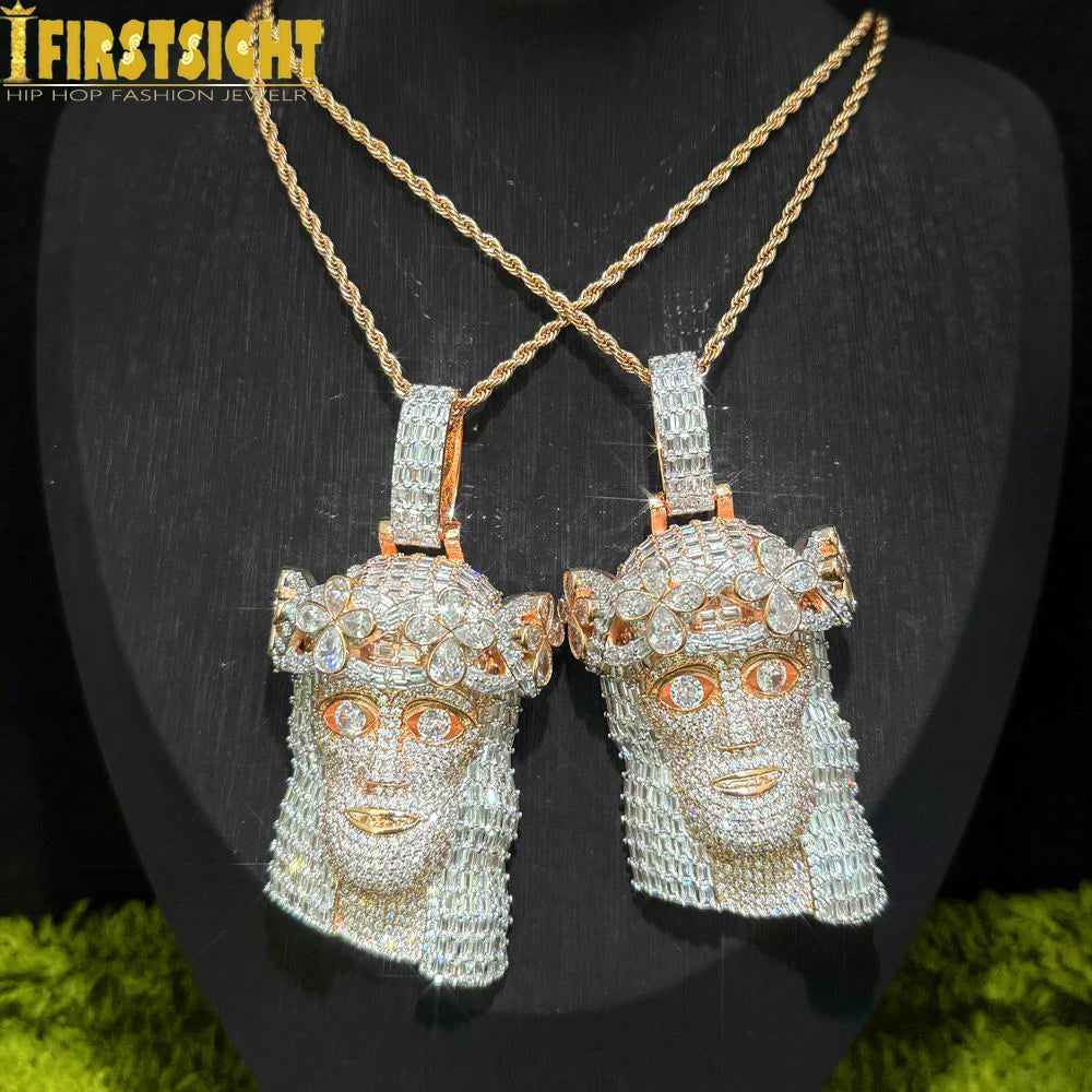Iced Out Religious Jesus Head Pendant Necklaces Rose Gold Color CZ Stone Paved Bling Big Charm for Men Rapper Hip Hop Jewelry